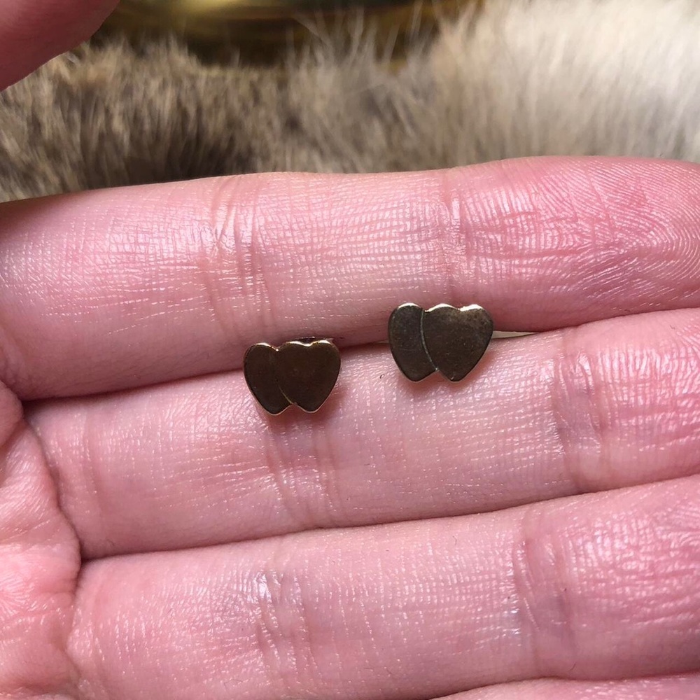 Vintage double heart brass post earrings